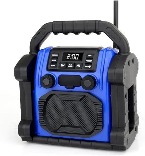 Bingxue Radio portatil FM p250, Altavoz Bluetooth USB con Alarma de Reloj/luz led, Dispositivo anticolisión portátil para Sitio de construcción/al Aire Libre/Pesca/Yoga/Fiesta/Campamento (Azul)