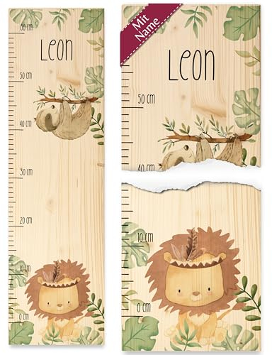 Messlatte Kinder - Süßer Löwe und Niedliches Faultier mit Namen - 0-60 cm - Holz - personalisiertes baby personalisierte personalisierter