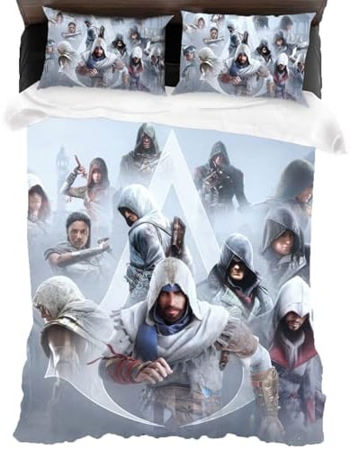 XYOK Assassin Bettwäsche Kinder Bettbezug Mit Reißverschluss für Spielfans,Creed Teenager Bettwäsche-Sets Fanartikel 2 Kissenbezug (Gruppenfoto1, Single 135x200)
