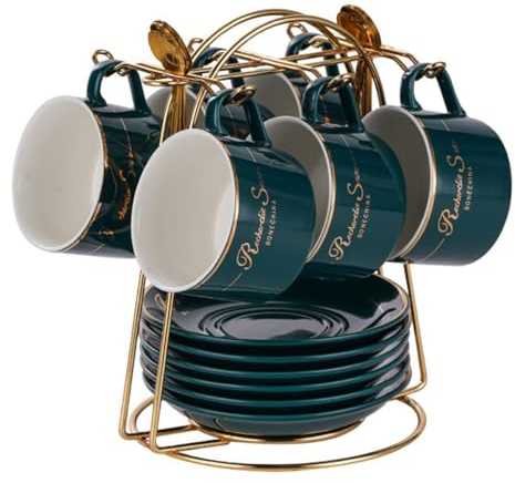HSTWODE-cappuccino tassen set Tassen & Untertassen von 6 (150 ml), Luxus-Teetasse Set mit goldenen Trimm, Kaffeetasse mit Henkel, britischer Königlicher Porzellan Tassen (Brillantblau)