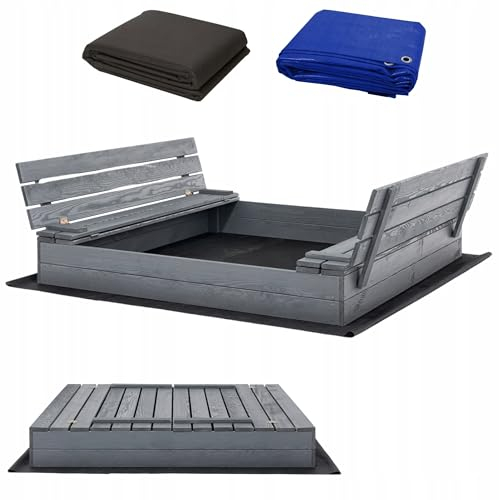 Premium Sandkasten XL XXL Imprägniert Grau Anthrazit inkl. Video Anleitung für Montage Sandbox mit Abdeckung Sitzbänken Deckel Plane Sandkiste, Holz Sandkastenvlies (140x140 cm Grau)