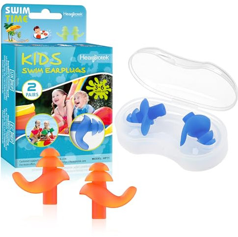 Hearprotek Ohrstöpsel Schwimmen Kinder, 2 Paar wasserdichte Wiederverwendbare Silikon Ohrstöpsel für Schwimmer beim Duschen beim Surfen und Anderen Wassersportarten Blau/Orange