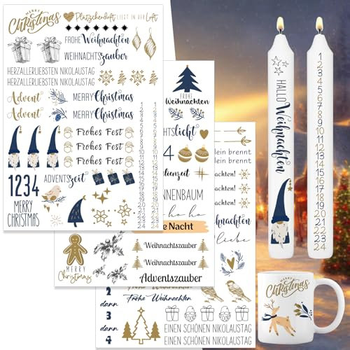 Kerzen Tattoo Weihnachten,3 Stück DIY A4 Kerzen Tattoofolie,Wasserschiebefolie Stabkerzen,Sprüche zum Verschenken,für Kerzen/Keramik,DIY Geschenk (Weihnachten Ⅱ)