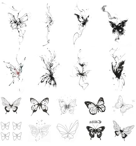 28 Blätter Schmetterling Tattoo Schwarz Wasserdicht Tattoos Erwachsene Aufkleber, Temporäre Tätowierung Realistisch Fake Tattoos Aufkleber Haut Schmetterling Blumen Tatoos für Damen Körper Arm