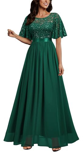MIUSOL Women's Elegant Flutter Sleeves Lace Sequin Prom Bridesmaids Party Gown Formal Maxi Dress (Small, Dark Green)