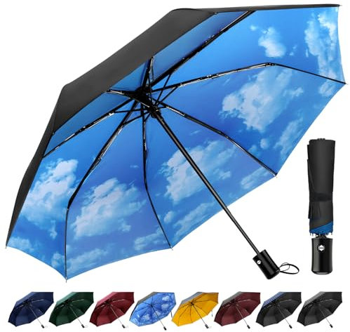 TechRise Paraguas, Paraguas a prueba de tormentas con apertura y cierre automáticos, paraguas de bolsillo portátil y plegable para hombres, mujeres y niños, Cielo azul claro