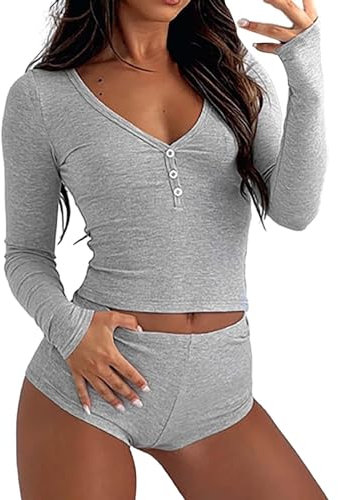 Pigiami Donna Cotone Completi da donna 2 pezzi Completi da casa Pigiama Set coordinato Camicia a maniche lunghe con bottoni Crop Top Pantaloncini Set Tuta Pigiama Natale Adulti Pigiama Donna (Grey, L)