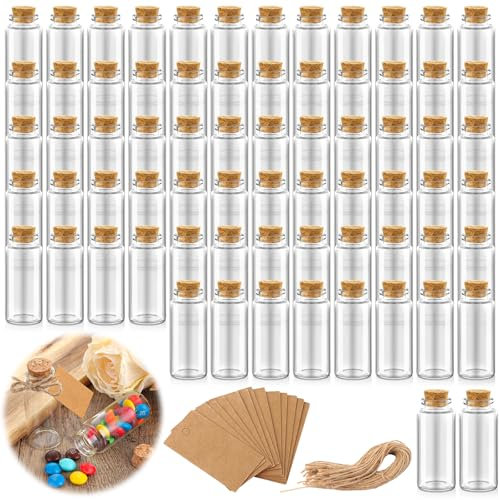 LOLYSIC 72 Pack 30ml Mini Glass Bottles with Cork Stoppers, Glass Bottles with Cork Lids, Jute Strings & Label Tags, Small Wishing Bottle Spell Jars for DIY Arts Crafts Decoration Party Favours