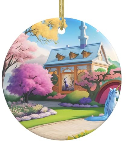 WZYWHJ Runder Weihnachtsanhänger aus Keramik, 7,4 cm, Dekoration für Feiertage, Party, Einhorn-Märchen, bedruckt