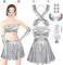 TZEKING Alien Kostüm Set für Damen,7 Stück Alien Kostüm Space Girl Kostüm Damen,Body Silber Kostüm Set,Alien Haarreif,Alien Kostüm Weltall Kostüm,Space Girl Kostüm Damen Karneval Accessoires