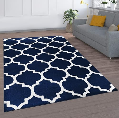 MOONLIGHT20015 Rugs Living Room Large 200x290 cm – Trellis Style Navy Blue Area Rugs for Bedroom – Non Slip Modern Printed Carpet For Lounge Dining Room, Ava Navy