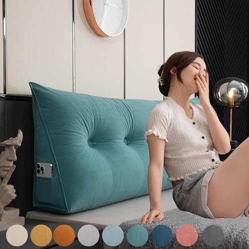 Bettkissen Rückenlehne Grün 180cm, Samt Rückenkissen Bett Keilkissen, Groß Rückenpolster für die Wand, Dreieckige Keil Kopfteil Kissen, Waschbar Rückenstützkissen Lendenkissen mit Seitentasche