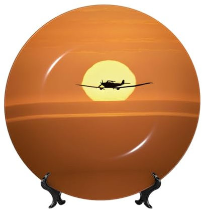 ESNAIUVCD Aircraft Plane at Sunset Print Bone China Decorative Plate Ceramic Plates Printed Round Dinner Plates Crafts with Display Stand