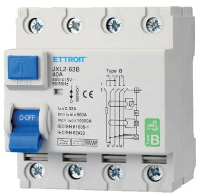 A2ZWORLD Interruptor diferencial tipo B trifásico, RCCB Clase B 30 mA 4P 40 A, 3P + N 4 polos 10 kA AC 400 V, ocupa 4 módulos de barra DIN