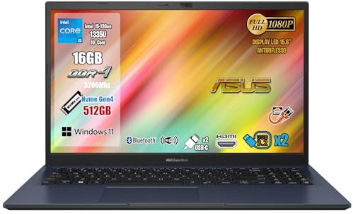 Asus Notebook ExperBook B1,CPU Intel i5-1335U 10Core fino a 4,7Ghz, RAM 16Gb Ddr4, SSD 512Gb Pci-Ex 4.0, Display 15.6 FHD, Wi-Fi 6, Bluetooth 5.3, Hdmi, Usb Type-C, Win 11, Mouse Wi-Fi Omaggio.