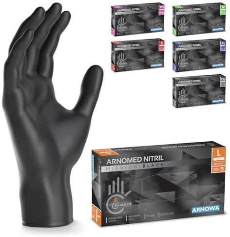 500 Stück (5x100) ARNOMED Einweghandschuhe Schwarz, Einmalhandschuhe L, Nitril Handschuhe Einweg, Nitrilhandschuhe puderfrei, Gummihandschuhe Einweg, Schutzhandschuhe Nitril in XS, S, M, L, XL, XXL