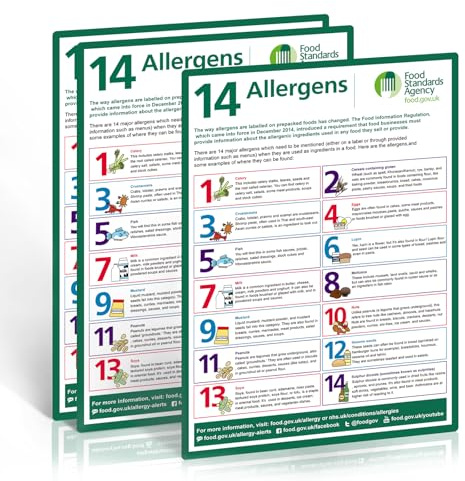 14 Food Allergens Poster 3 Pack, A4 297 x 210mm Self-Adhesive Vinyl Signs | FSA Compliant Food Allergen Notice, Waterproof, Oil-Resistant, UV Printed, For Kitchens And Restaurants