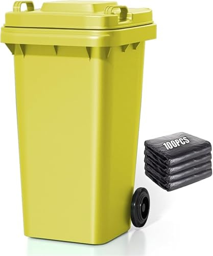 TINGMIAN 18 gallons / 22 gallons / 27 gallons / 53 gallons Grande poubelle commerciale d'extérieur avec 100 sacs de rangement Poignée portable et design de roulettes solides (jaune, 240 L/53 gallon)
