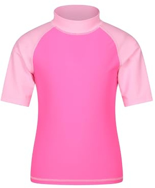 Mountain Warehouse Short Sleeves Kids Rash Vest - UPF50+ Sun Protection Rash Guard, Fast Dry, Flat Seams Childrens Top - for Spring Summer, Swimming Bubble Gum (Plain) Kids Size 7-8 Years