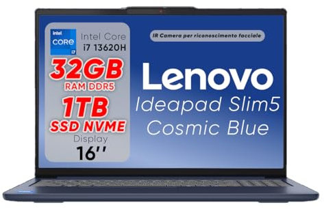Lenovo Ideapad Slim5 Pc Portatile, Notebook i7 13620H, 32GB RAM DDR5, SSD 1TB, Display 16 WUXGA IPS FHD+, Computer Portatile, Laptop, Wi-Fi 6, Usb Thunderbolt, Tastiera Retroilluminata