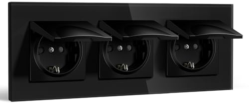 BSEEDLIFE Schuko Steckdose mit Wasserdichter Abdeckung, Unterputz 86*228mm, 16A EU-Steckdose mit Glasrahmen, Spritzwassergeschützt für Bad/Küche, Einfache Installation (Klappkrallen), 3-Fach Schwarz