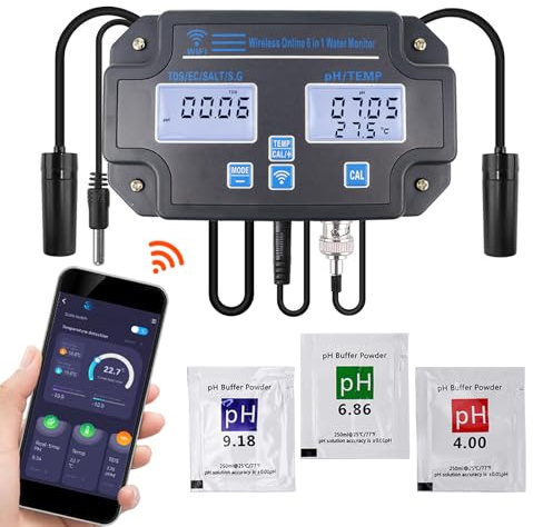 6-in-1 Smart Wasserqualitätstester WLAN pH/EC/TDS/Salinität/S.G/Temp | Digitaler pH-Messer Salz TDS-Tester, App-Monitor mit Alarm, Datenlog, ATC, einfache Kalibrierung für Aquarium Pool Hydroponik