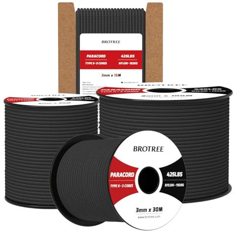 Brotree Paracord 3mm 15M 100% Nylon Seil Schnur Typ II Paracord 425 mit 3 Kern für Survival, Outdoor, Armband, Basteln - Bruchlast 192kg (Schwarz)