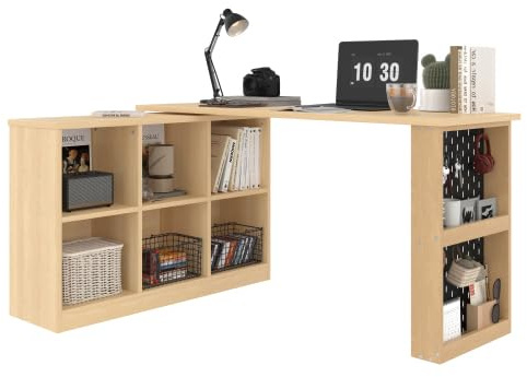 HAINEW Schreibtisch Computertisch Bürotisch mit Drehbarer Deckel und 6 Offene Ablagefächer, L Form Eckschreibtisch für Arbeitszimmer, Schlafzimmer, Wohnzimmer, 140×104×75cm, Natur