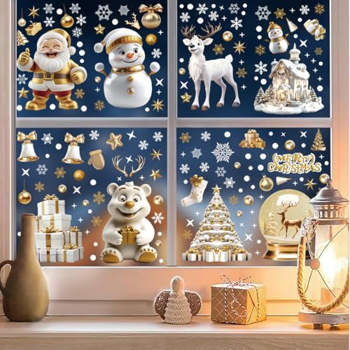 Fensterbilder Weihnachten Selbstklebend, 9 Blätte 3D Weiß Goldene Fenstersticker Weihnachten, PVC Schneeflocken Schneemann Fensterdeko für Winter Häuser Fenster Weihnachtens Deko