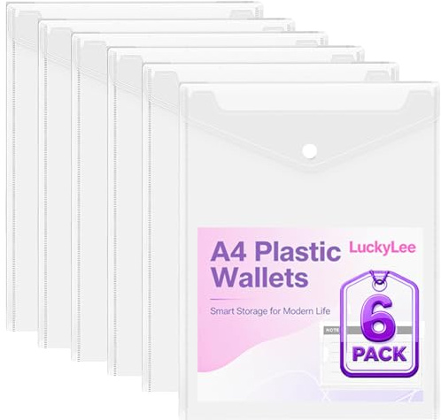 6pcs Plastic Wallet A4 Punched, File Folders, Plastic Document Files Popper Wallets,11 Holes Binder Pockets for 2/3/4 Ring Binder,Poly Pockets A4 with Snap Button for Home Office School (Top Open)
