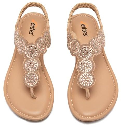 Veittes sandales boho plates pour femmes -Sandales élégantes et confortables à bride élastique arrière, à sabot ouvert sandales tong d’été avec strass et sangle de cheville