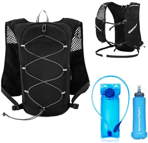 Sac Hydratation Running, Léger 160g, sans BPA, Réfléchissant, Réglable, Sacs à Dos de Randonnée avec Vessie d'eau 2L et Flasque 500ml, Sac de Sport Gilet Trail Homme Femme pour Course à Pied Cyclisme