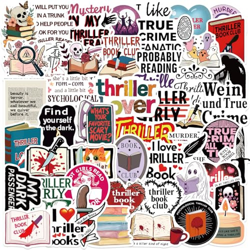 50 PCS Thriller Book Stickers,Thriller Book Sticker Pack Vinyl Skateboard Guitar Door Laptop Luggage Car Bike Water Bottle Birthday Party Supplies Teens Boys and Girls Decals
