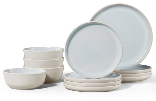 Homikit 12Pcs Plates and Bowls Set, Reactive Glaze Dinner Set for 4, Beige | Kitchen Stoneware for Home Daily Use, Non-Toxic & Scratch Resistant, Microwave and Dishwasher Safe, Stackable & Easy Storage