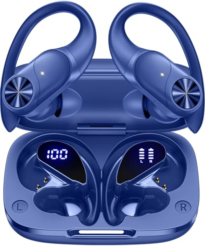 PocBuds Bluetooth Headphones Wireless Earbuds 80hrs Playtime Wireless Charging Case Digital Display Sports Ear Buds with Earhook Deep Bass IPX7 Waterproof Over-Ear Earphones for TV Phone Laptop Navy