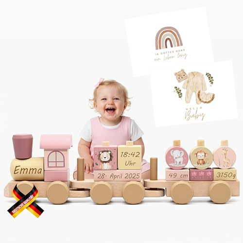 STORCHENNEST Holzeisenbahn [personalisierbar] Geschenke zur Geburt, Holzzug, personalisierte Geschenke Baby, Baby Geschenk, Spielzeug ab 1 Jahr, Motorikspielzeug, Eisenbahn