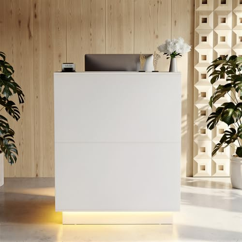 MSFE Banco Receptio Piccolo con LED, Bancone Reception con Cassetti, Bancone Cassa, Armadio Bancon Vendita, Mobili per reception, per Hotel, Ufficio,Centro Estetico,103X80X45cm