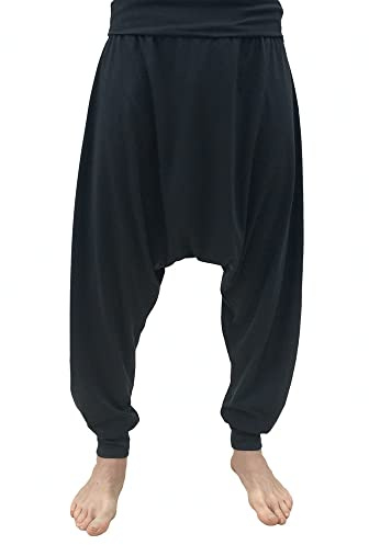 SAVARI | Pantalón Harem Turco | De Algodón Reciclado | Pantalones Bombachos Cagados | Anchos | Hippies | Sin Bolsillos | Mujer y Hombre | Unisex | Para Yoga y Thai Chi | Comodos | Color: Negro | S-3XL