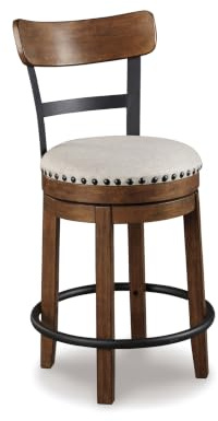 Signature Design by Ashley Valebeck Swivel Barstool With Back, Rustic-Industrial Wood and Metal, 360-Degree Swivel Counter Height Stool for Kitchen Island Seating, Linen Color