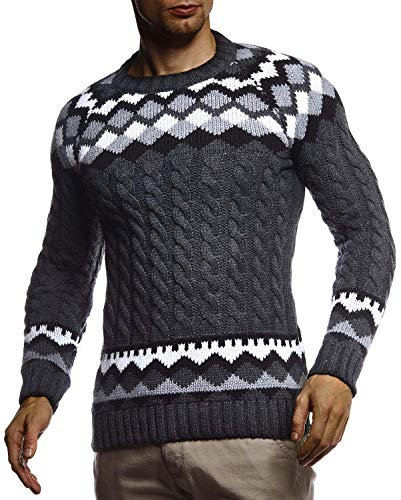 Leif Nelson Herren Strickpullover Norwegerpullover Pullover mit Rundkragen Winterpullover Männer Pulli für Weihnachten Winter Norweger Muster Slim Fit Crew Neck LN20757 XL Anthrazit