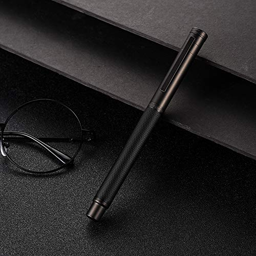 Hongdian 1850 Black Forest Series Fountain Pen, Fine Nib Black Colour Metal Chiselled Aluminum Barrel Ink Pen with Gift Box