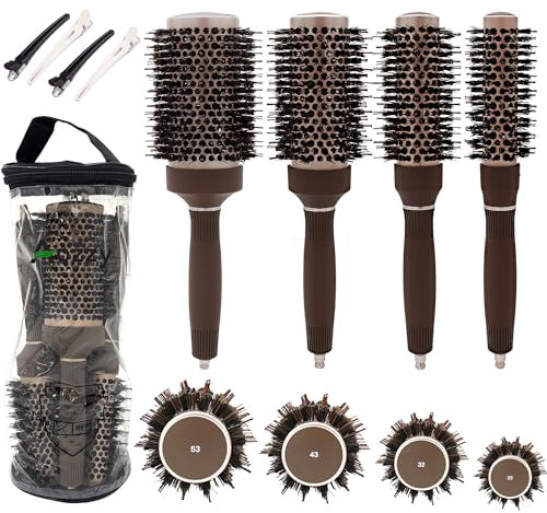 Wild Boar Bristles Hairdressing Brush Set for Wavy & Smooth Hair Styling, Antistatic Ion Round Brush Set for Women (4 pcs)
