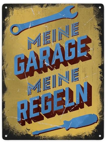 Meine Garage meine Regeln Metallschild XXL in 28x38 cm im Used-Look Witziges Blechschild in Retrooptik Geschenk für KFZ-Mechaniker und Väter