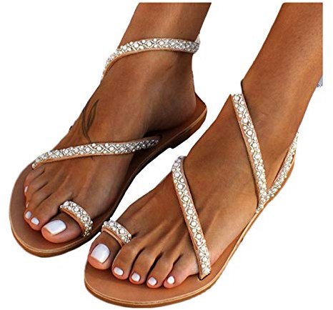 BOTCAM Damen Vintage Boho Perlen Sandalen Strandurlaub Schuhe Flache Schuhe Strass-Sandalen Rutschfest Freizeitschuhe Slide Sandal Sommerschuhe Riemchensandalen Sandaletten Weiche Strandschuhe