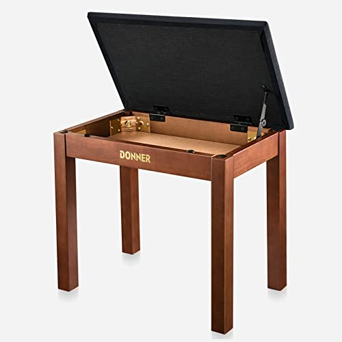 Donner Banc de Piano avec Rangement, Banc de Clavier en Bois Massif, Tabouret de Piano avec Coussin en Daim Haute Densité, Marron