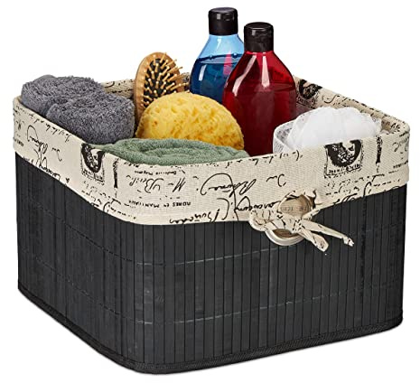 Relaxdays Aufbewahrungskorb, Bambus & Polyester, HBT: 20 x 31 x 31 cm, Körbchen mit Griffloch, Regalkorb, schwarz/Creme | HBT: 20 x 31 x 31 cm, Körbchen mit Griffloch, Regalkorb
