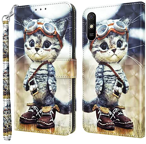 GLANDOTU Lederhülle für Xiaomi Redmi 9A / 9At Hülle Flip Wallet klappbar Handyhülle Multi-Muster Leder Tasche Kartensteckplätzen Schutzhülle für Redmi 9A / 9At Handyhülle - Kluge Katze