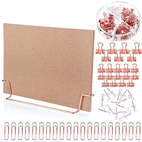 12.6 x 9 Inch Small Desktop Cork Board with Stand Rose Gold Bulletin Board Memo Message Board Picture Double Sided Pin Board for Office School Home with Binder Clips, Push Pins, Paperclips
