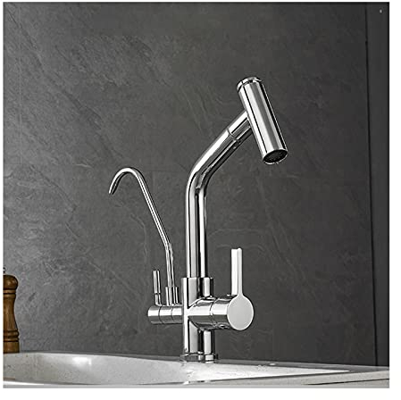 Grifo de cocina de agua pura, grifo mezclador de agua fría y caliente extraíble con tubo en C, rotación de 360 °, grifo de fregadero de lavaplatos de tres propósitos, grifo de latón de doble manija