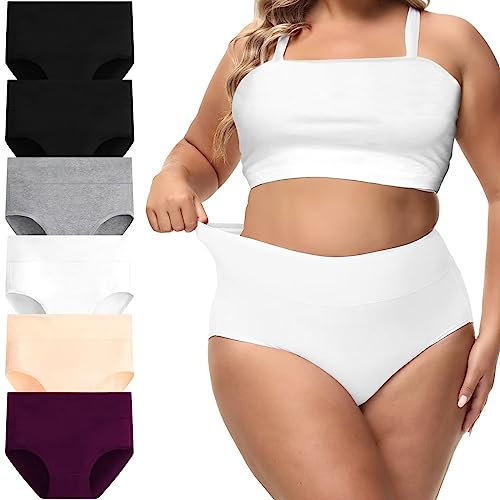 MiaBera 6/4/2 Pack Plus Size Unterwäsche für Frauen Hohe Taille Baumwolle Bauchkontrolle Atmungsaktive Damen Höschen Nahtlose Slips, 05-schwarz, weiß, grau, hautfarben, lila, 6er-Pack, 34